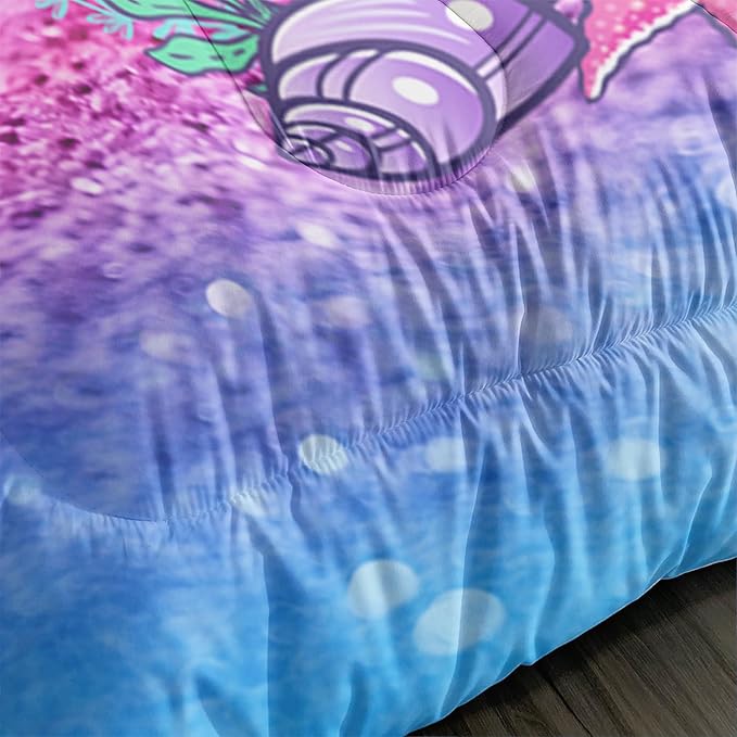 Mermaid Butterfly Comforter Set Full Size Fairy Tale Sea Shell Grass Bedding Set Colorful Rainbow Quilt Bed Set for Kid Girls with 1 Comforter and 2 Pillowcases