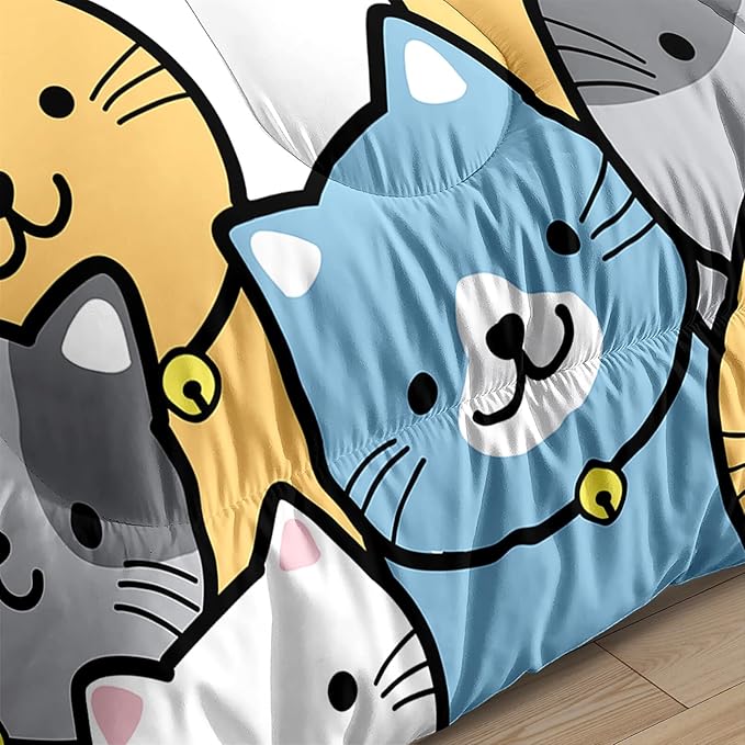 Kids Cat Comforter Set - Cat Comforter - Queen Size Comforter Set for Kids Kawaii Cat Bedding Set Cartoon Cats Print Bedding Sets for Girls Kids Cute Cat Quilt Sets with 2 Pillowcases