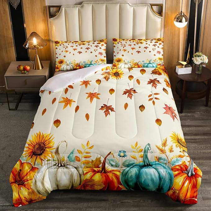 Fall Pumpkin Bedding Set For Home King Thanksgiving Harvest Season Fruit Decor Comforter Set Autumn Fall Maple Leaf Quilt Comforter for Kids Teen Adults,Rustic Farm Sunflower Bed Sets 2 Pillow Cases