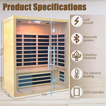 Homsido 2-3 Person Indoor Infrared Sauna, 11 Low EMF Far Infrared Carbon Panel Hemlock Wood Sauna Room Indoor Home Sauna with Tempered Glass Door,Bluetooth Speakers, Chromotherapy Lights(110V, 2100W)