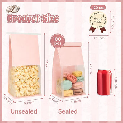 100 Bakery Bags with Window, 5.1x3.9x11 Inches Paper Bread Bags, Tin Tie Tab Lock Cookie Bags Food Storage Bag for Snacks, Popcorn, Candies, 120 pcs Stickers Included (100, Medium)