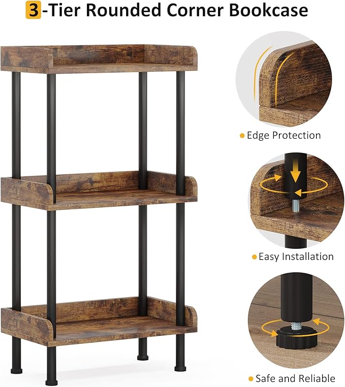 Bookshelf Small Book Shelf: 3-Tier Wood Bookcase Industrial Bookshelf Metal Standing Book Shelves Display Book Rack for Living Room Bedroom Home Office (Rustic Brown)