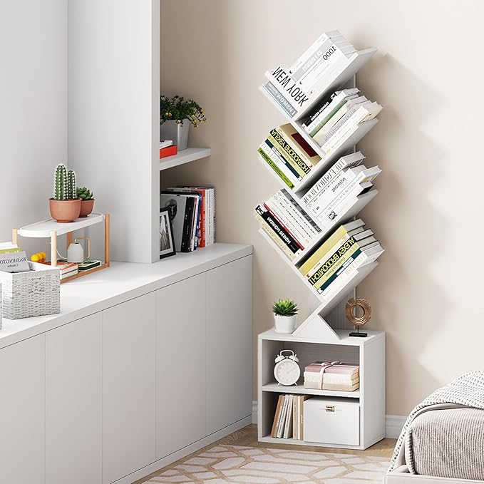 Vagusicc 6 Tier Tree Bookshelf, Modern Floor Standing Bookcase with Storage Drawer, Space Saving Storage Organizer Book Shelves for Books, Tall Wood Storage Rack for Bedroom/Living Room/Home Office