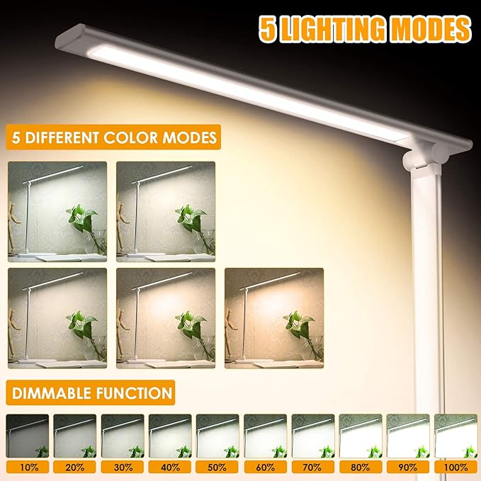 LED Desk Lamp, Eye-Caring Dimmable Table Lamps, Portable Office Lamp with USB Charging Port, 5 Lighting Modes, Timer Function, Touch Sensitive Control for Reading, Study, Working
