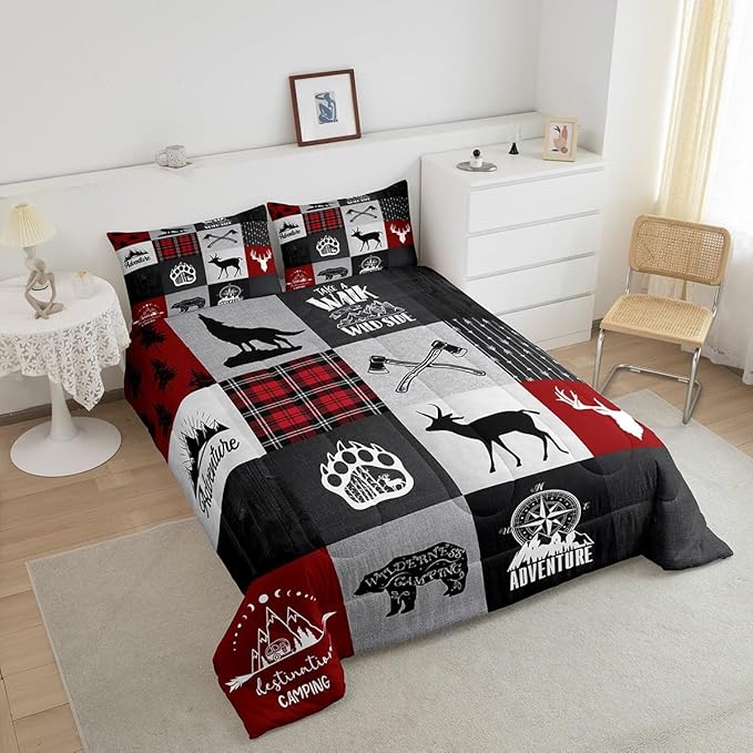 Deer Antler Bear Kids Comforter Set King Size,Plaids Boho Arrows Patchwork Bedding Set for Boys Girls Adults Room Decor,Rustic Adventure Camper Down Comforter,Red Xmas Duvet Insert,2 Pillowcases