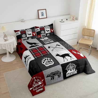 Deer Antler Bear Kids Comforter Set Full Size,Plaids Boho Arrows Patchwork Bedding Set for Boys Girls Adults Room Decor,Rustic Adventure Camper Down Comforter,Red Xmas Duvet Insert,2 Pillowcases