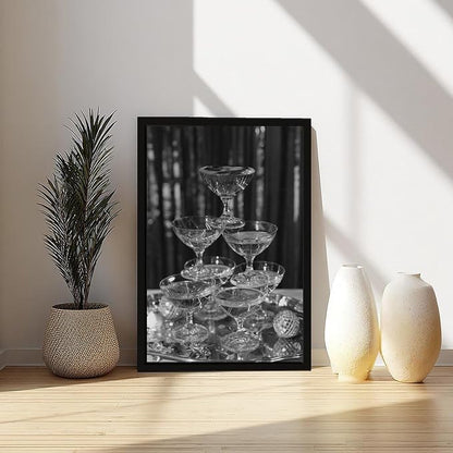 UXCBIA Stacked Champagne Glasses With Mirror Balls, Black And White, Wine Glasses Poster Canvas Poster Bedroom Decor Sports Landscape Office Room Decor Gift Black Frame 16x24in(40x60cm)