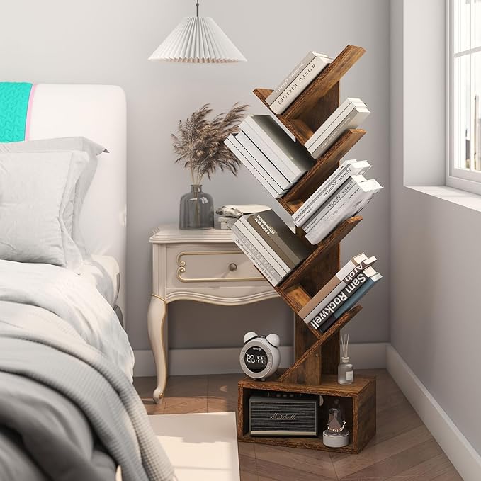 YMYNY 6 Tier Tree Bookshelf, Tall Bookcase, Wood Book Storage Rack with Drawer, Modern Floor Standing Book Shelf for Books/Movies/CDs, Utility Organizer for Living Room, Office, Rustic Brown UHBC016H