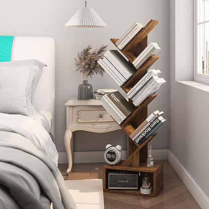 YMYNY 6 Tier Tree Bookshelf, Tall Bookcase, Wood Book Storage Rack with Drawer, Modern Floor Standing Book Shelf for Books/Movies/CDs, Utility Organizer for Living Room, Office, Rustic Brown UHBC016H