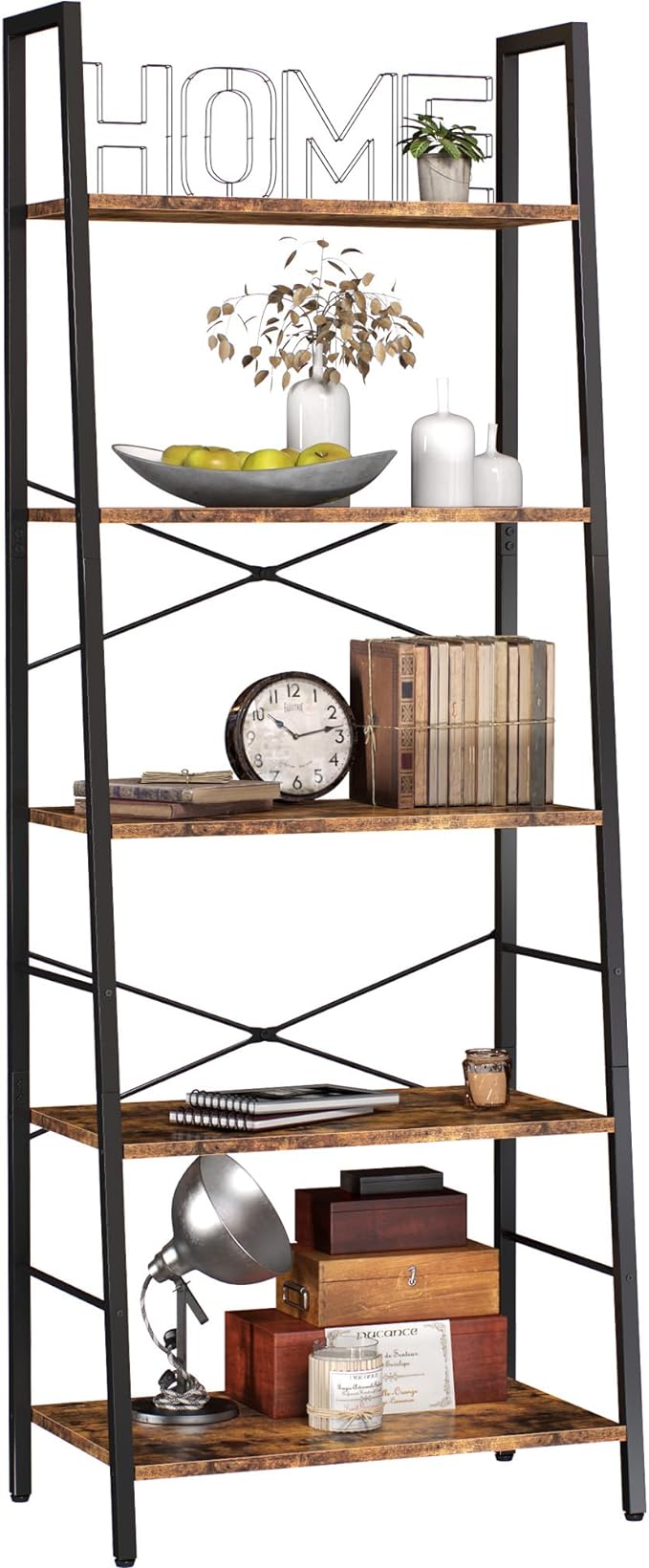 Yusong Bookshelf, Ladder Shelf 5-Tier Bookcase for Bedroom, Industrial Book Shelves Storage Rack with Metal Frame for Home Office, Rustic Brown