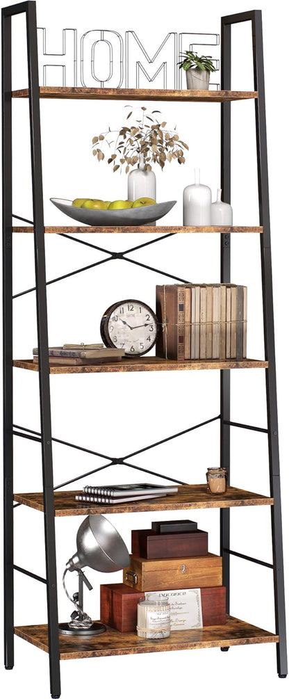 Yusong Bookshelf, Ladder Shelf 5-Tier Bookcase for Bedroom, Industrial Book Shelves Storage Rack with Metal Frame for Home Office, Rustic Brown