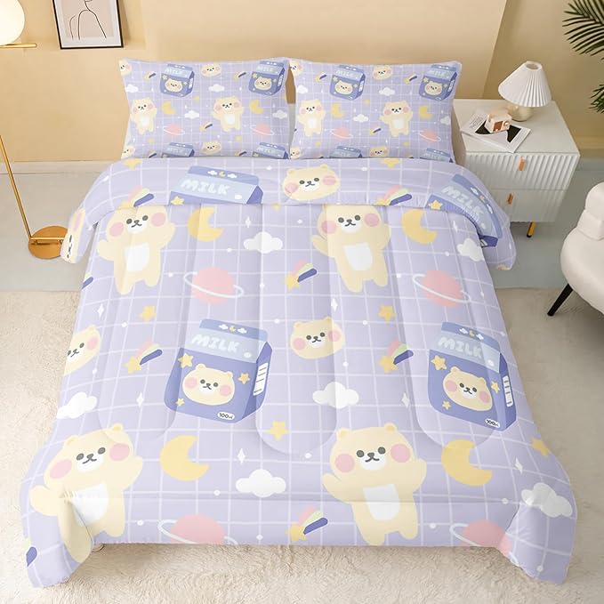 Bear Comforter Twin Size,Kawaii Comforter Set for Kids Teens Girls,3Pcs Bedding Set Printed Comforter with 2 Pillowcases,Down Alternative,Soft and Lightweight(Purple，Twin Size)