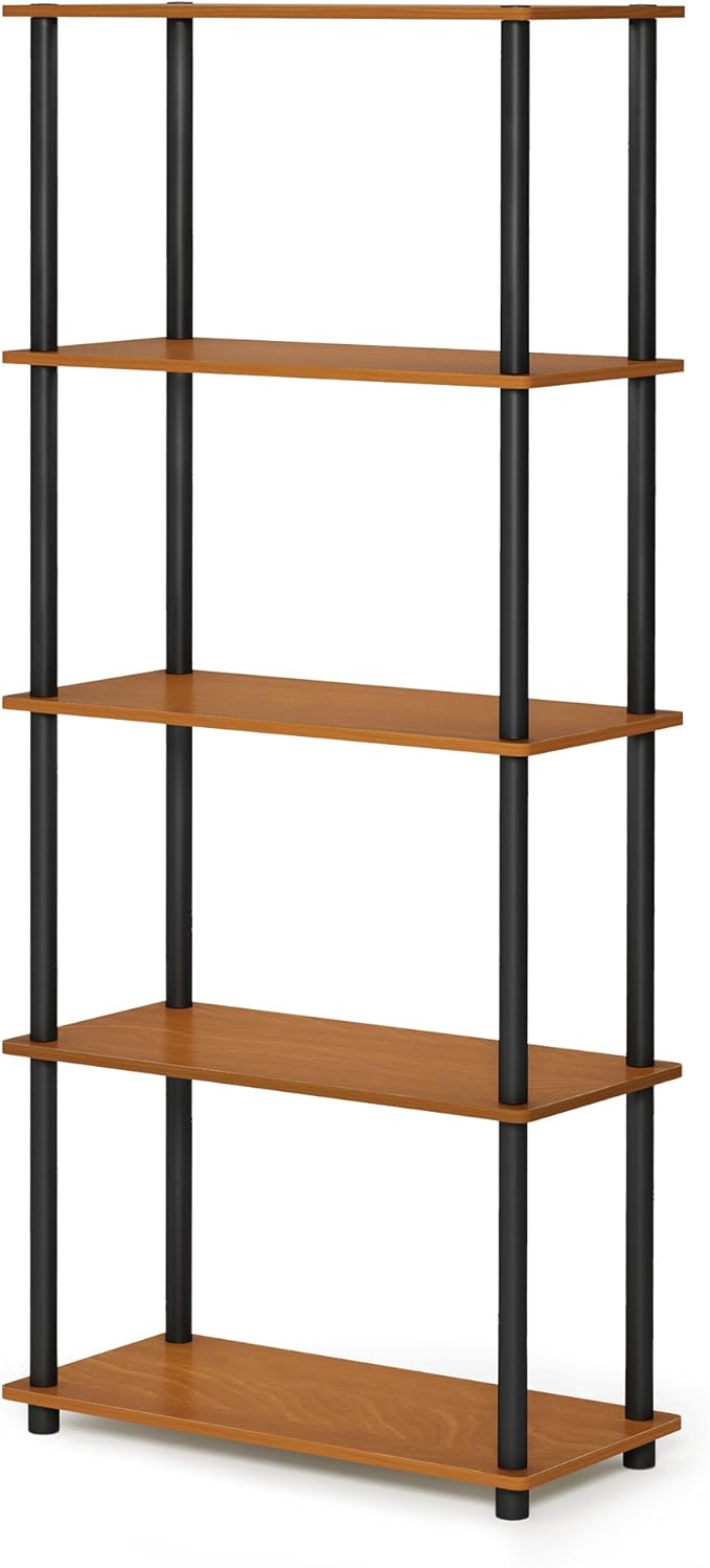 Furinno Turn-N-Tube 5-Tier Multipurpose Shelf / Display Rack / Storage Shelf / Bookshelf, Round Tubes, Light Cherry/Black