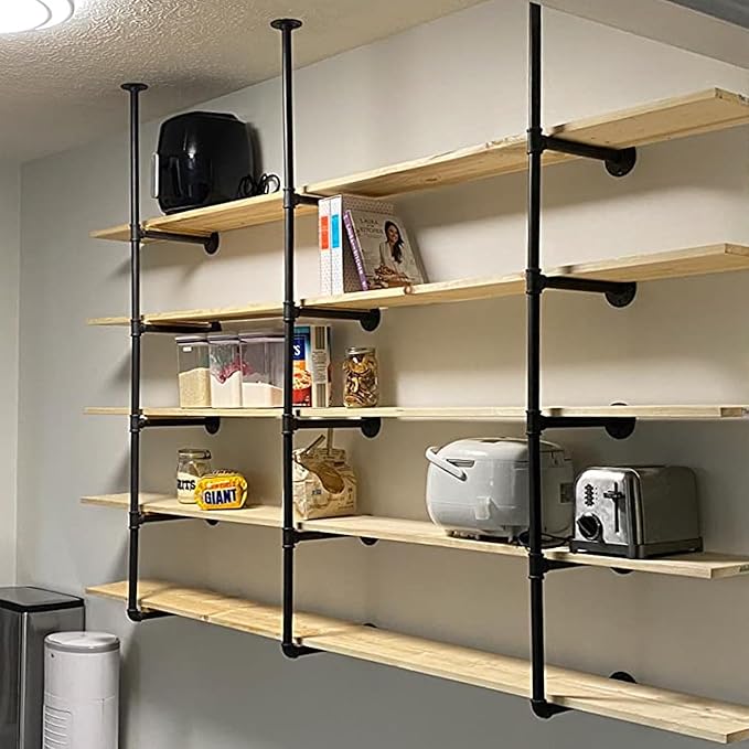 HITOMEN Industrial Iron Pipe Shelves, 3 Set 5-Tier, 70" Tall, 12" Depth, DIY Open Bookshelf Bookcase, Wall Mounted Vintage Retro Shelving, Rustic Farmhouse Pantry Kitchen Storage, Black Shelf Brackets