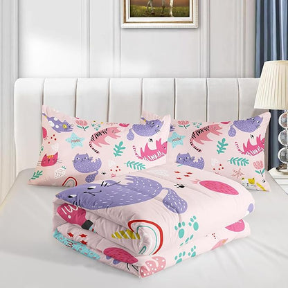 Kawaii Cats Comforter Twin Size,Pink Cats Kids Comforter Set,3Pcs Bedding Set Printed Comforter with 2 Pillowcases,Down Alternative,Soft and Lightweight,for All Seasons