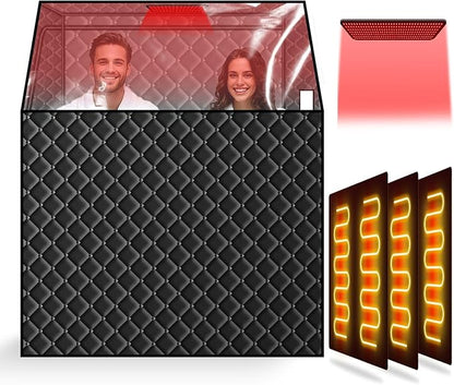 Smartmak Two Person Portable Far Infrared Sauna for Home, Full View X-Large Sauna Box with 660nm Red Light Therapy Lamp, 6 Heaters, Indoor SPA Room for Relaxaion, Remote Control, 2 Big Folding Chairs