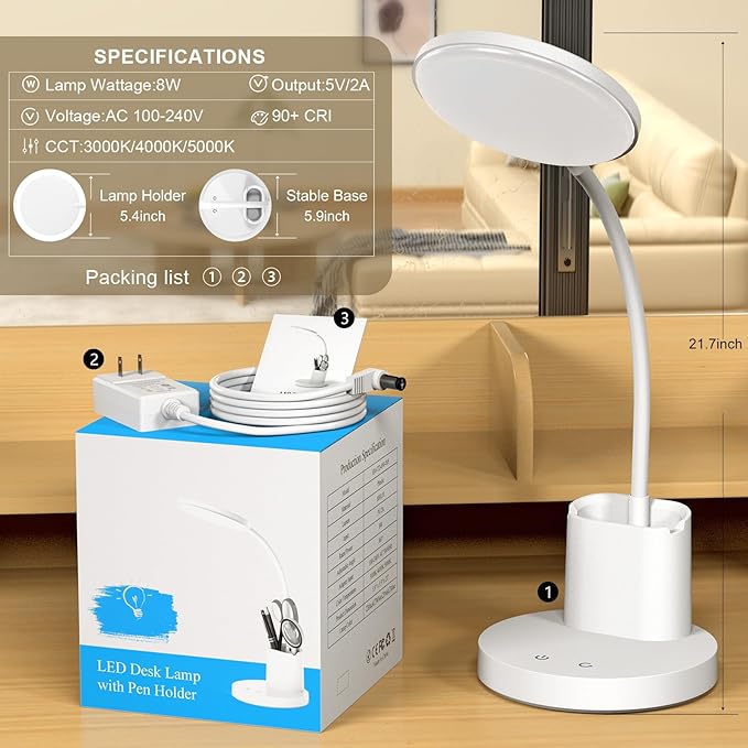 comzler Small Desk Lamp for Kids, LED Desk Lamps with Pen Phone Holder, White Desk Light for Home Office,8W 3 Modes Dimmable LED Desk Light for Kids, Desktop Study Lamps for Bedrooms