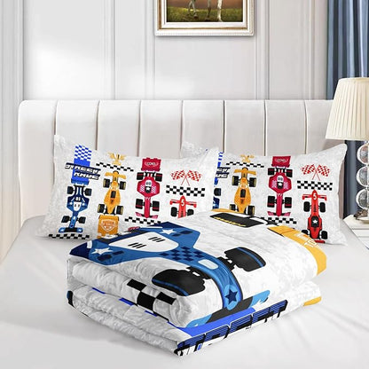 Axolotl Racing Car Comforter Set Queen Size,Colorful Sports Car Bedding Set for Kids Boys Teen Adult,Extreme Speed Race Bedding Sets Car Theme Bedroom Decor with 1 Comforter and 2 Pillowcases