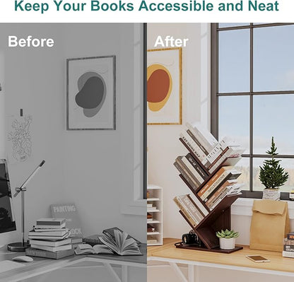 Tree Bookshelf, 5 -Tier Book Storage Organizer Shelves Floor Standing Bookcase, Wood Storage Rack for Office Home School Shelf Display for Cd/Magazine (Dark Walnut)