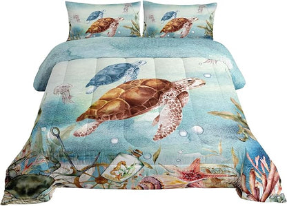 Datura home Sea Turtle Bedding Comforter Set for Boys Girls Teens Children Adults,Watercolor Sea Creatures Blue Ocean Theme Bedding Set with 1 Comforter and 2 Pillowcases(Turtle Full)