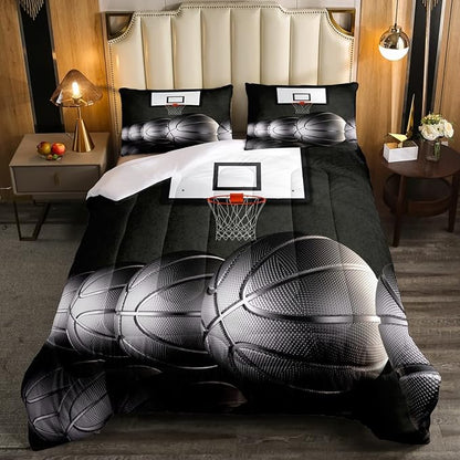 Erosebridal Boys Black Basketball Bedding Set King Kids Sports Comforter Set Teen Basketball Hoop Down Comforter Soft Lightweight Quilted Duvet 3 Pcs Basketball Lovers Bedroom Decor