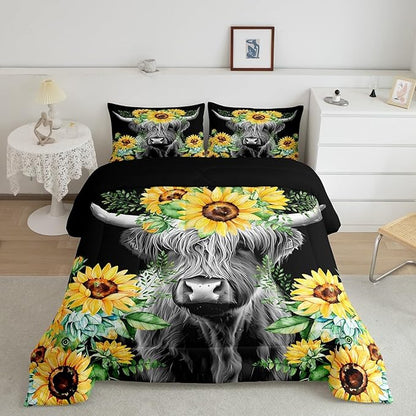 Highland Cow Bedding Set Kids Sunflower Floral Western Cow Bull Comforter Set for Girls Teens Farmhouse Wildlife Animal Comforter Black Duvet Set Room Decor Quilt Set Twin Size