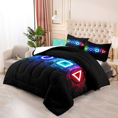 Gaming Comforter Sets for Boys, Gamer Bedding Sets for Boys Queen Size, Black Gaming Gamepad Soft Kids Comforter Sets Boys Bedroon, 1 Comforter and 2 Pillowcases