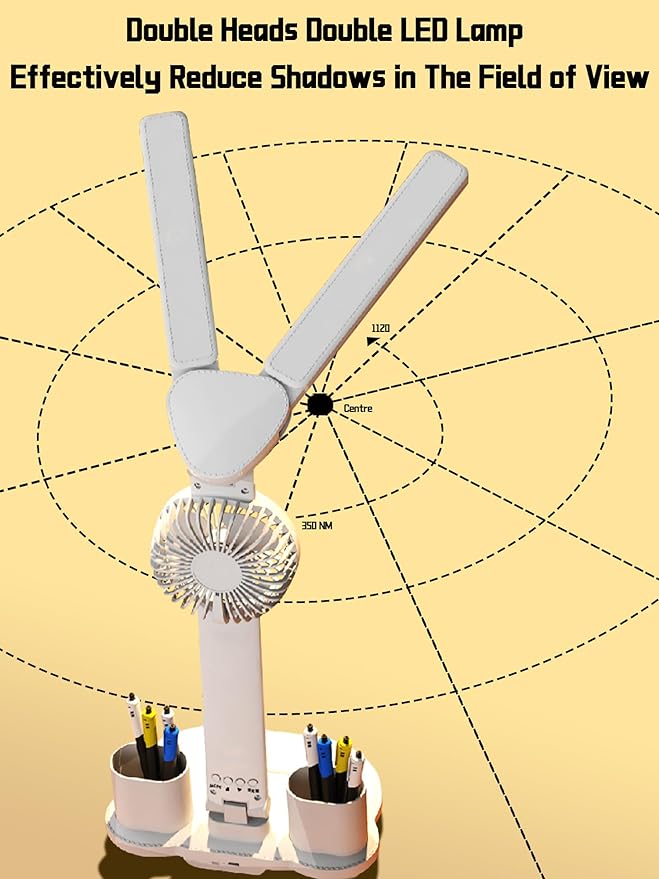 Desk lamp, LED Desk Lamps with Fans, USB Charging Port, Adjustable Foldable Table Lamp with Clock, Date, Fan, Pen Holder, Temperature, Step-less dimming Lighting, Home Office Desk Lamp
