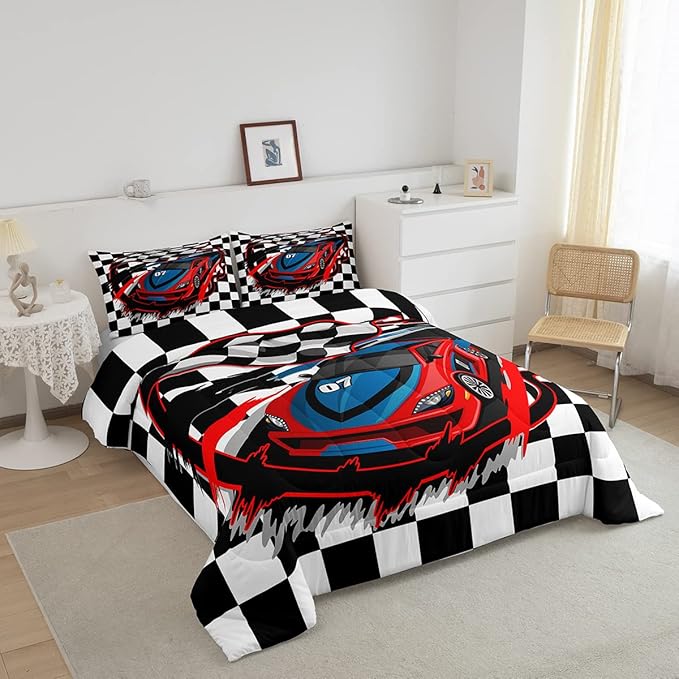 Red Race Car Bedding Set Twin Size Cool Racing Car Comforter Set Competition Extreme Sports Game Down Comforter For Kids Boys Girls Teens Bedroom Decor Plaid Pattern Duvet Insert With 1 Pillowcase