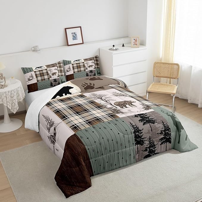 Rustic Farmhouse Kids Comforter Set Twin Size,Deer Antlers Bear Paws Plaids Patchwork Bedding Set for Boys Girls Adults Room Decor,Pine Trees Arrows Down Comforter,Xmas Duvet Insert,1 Pillowcase