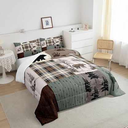 Rustic Farmhouse Kids Comforter Set Twin Size,Deer Antlers Bear Paws Plaids Patchwork Bedding Set for Boys Girls Adults Room Decor,Pine Trees Arrows Down Comforter,Xmas Duvet Insert,1 Pillowcase