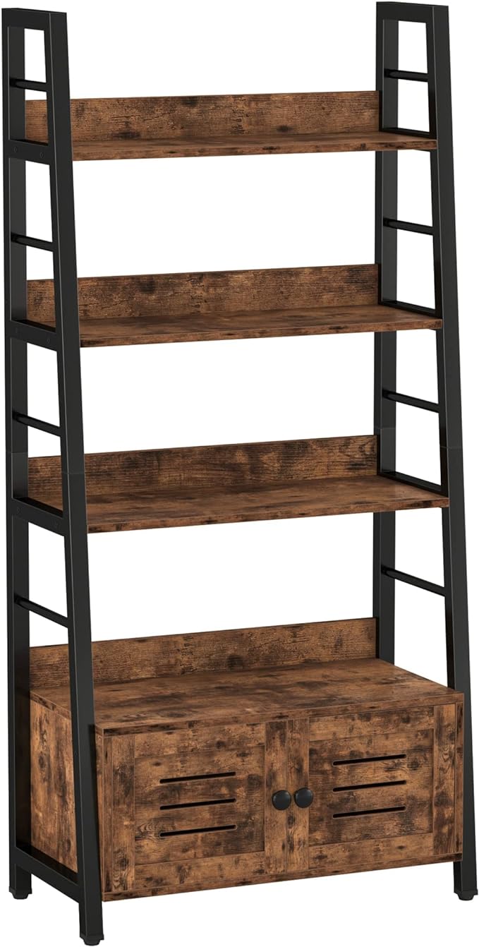 IRONCK Bookshelf with Louvered Doors, 3-Tier Ladder Shelf with Cabinet Industrial Accent Furniture for Bedroom Living Room Home Office, Rustic Brown