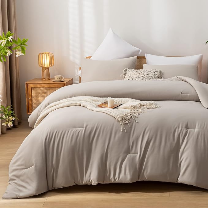 Twin Size Comforter Sets Solid Color 2PCS Boho Beige Bed Comforter Set Tannish Grey Soft Lightweight Microfiber Kids Bedding Set for All Season (1 Comforter, 1 Pillowcase)