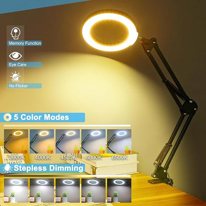 2.25X Magnifying Glass with Light and Clamp, Real Glass Stand Lighted Magnifier, 5 Color Modes Stepless Dimmable LED Desk Lamp Hands Free for Crafts Hobby Reading Painting Sewing Close Work