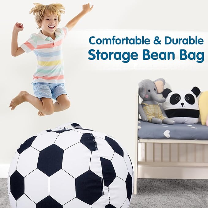 Lukeight Stuffed Animal Storage Bean Bag Chair Cover for Kids, Soccer Zipper Beanbag Chair Cover for Organizing Toddler & Kids' Rooms Plush Toys (Soccer, Large)