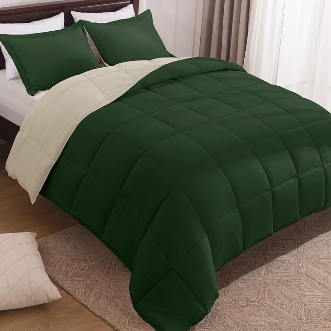 Basic Beyond Twin Comforter Set for Girls and Boys - Fluffy Twin Bed Comforter Set for All Seasons - Reversible Forest Green Comforter Set - 2 Pieces (1 Comforter + 1 Pillow Sham) - Forest Green/Ivory