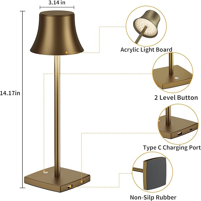 Cordless Table Lamp, Rechargeable Battery 5000mAh Metal USB LED Portable Powered Desk Lamp, 3 Levels for Restaurants Bedroom Outdoor (Antiqued gold)