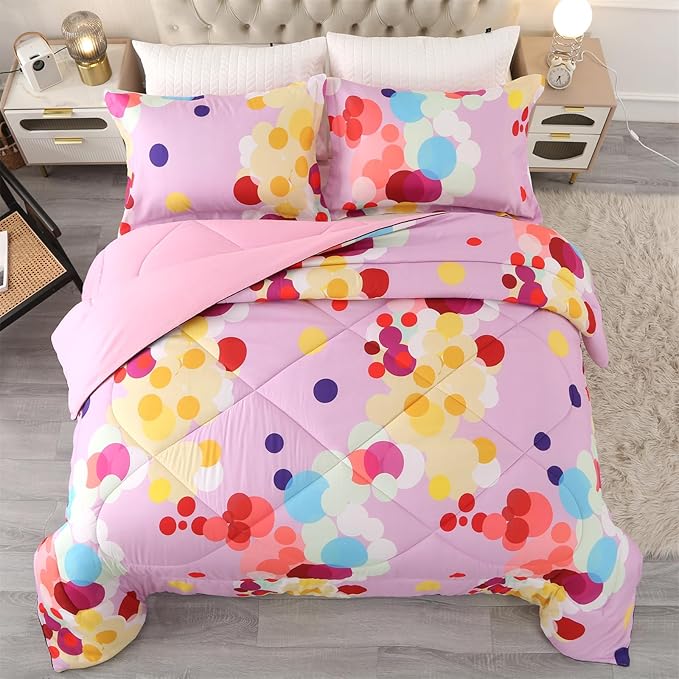ENCOFT Pink Comforter Set Full for Girls and Boys Premium 3 Piece Rainbow Colorful Bubbles Bedding Set Kids Bed in A Bag All Season Comfortable for Teens and Adults with 1 Comforter and 2 Pillowcases