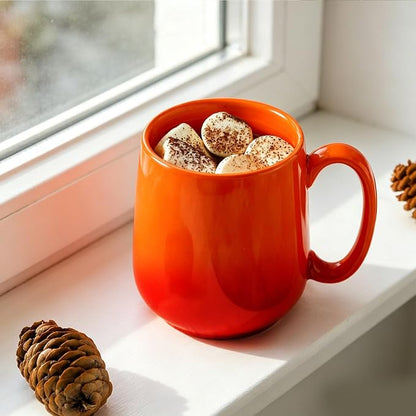 HASENSE Set of 4 Ombre Coffee Mugs, 15oz Large Ceramic Cups – Dishwasher & Microwave Safe, Orange Gradient Cappuccino Latte Tea Handle Cup, Housewarming Gift