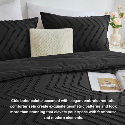 CozyLux Full Size Comforter Set Black - 3 Pieces Black Boho Tufted Shabby Chic Bedding Comforter Set for All Seasons, Chevron Bedding Sets with Comforter & 2 Pillow Shams