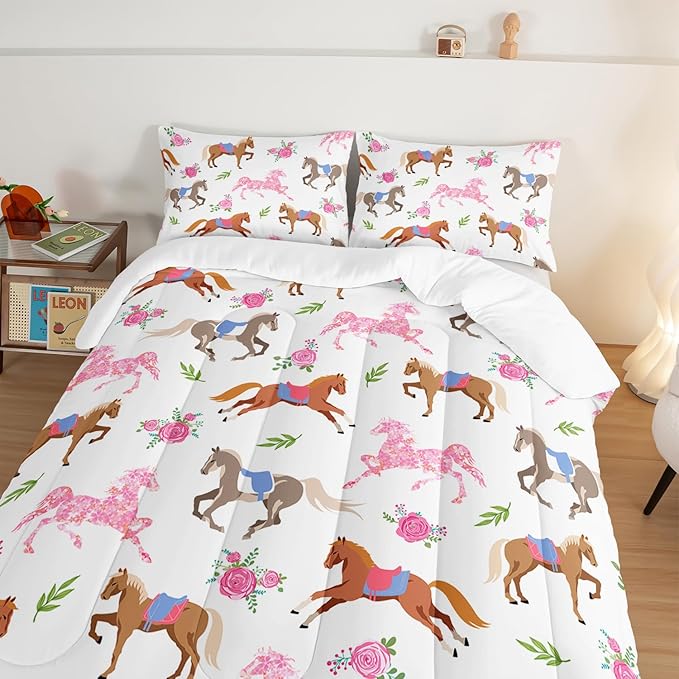 HOSIMA Kawaii Pink Rose Horse Twin Comforter Princess Toddler Bedding Set,Cute Animal Horse Bedding Girls Teens Aesthetic Room Decor,Cowboy Cowgirl Colorful Pony Twin Bed in a Bag.
