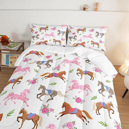 HOSIMA Kawaii Pink Rose Horse Queen Comforter Set,Cute Animal Horse Bedding Girls Teens Aesthetic Room Decor,Princess Toddler Bedding Set Cowboy Cowgirl Colorful Pony Queen Size Bed in a Bag.