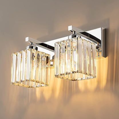 Modern Bathroom Vanity Light 2-Lights Chrome Crystal Bathroom Wall Light Vanity Light Fixtures，12.59-inch Modern Minimalist Design