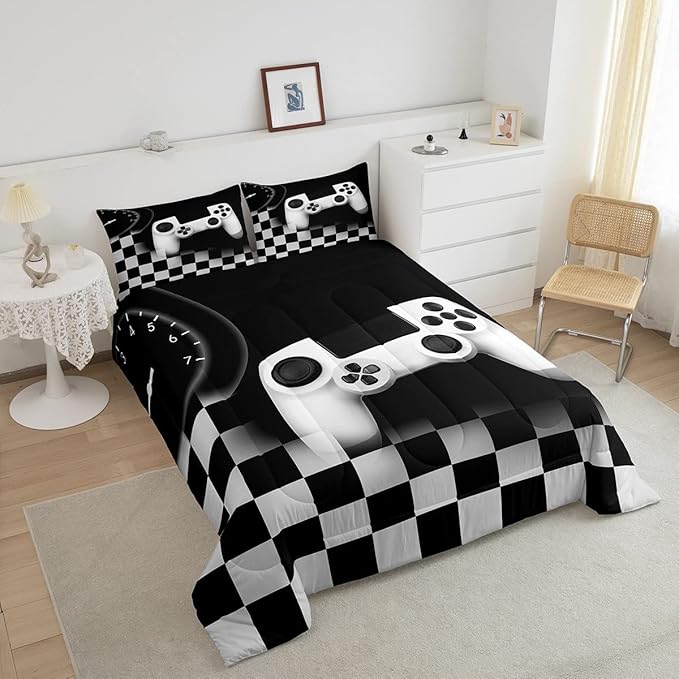 Gampad Comforter Set Queen Size,Gamer Lover Bedding Set Gift for Boys Youth,Video Game Reversible Quilted Duvet Soft Warm Game Room Decor,Black Buffalo Plaid Check Duvet Insert + 2 Pillowcases