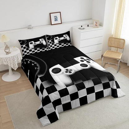 Erosebridal Gaming Alternative Bedding Set for Kids,White Gamepad Design Comforter Set Teenage Boys Room Decor,Buffalo Plaid Check Modern Down Comforter Lightweight Warm,Gamer Decor Duvet Insert Full