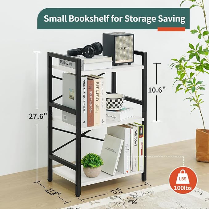 Yoobure Bookshelf Small Book Shelf, Solid Industrial 3 Tier Shelf Bookcase, Short Book Case for Bedroom, Living Room, Office Home, Small Spaces, White