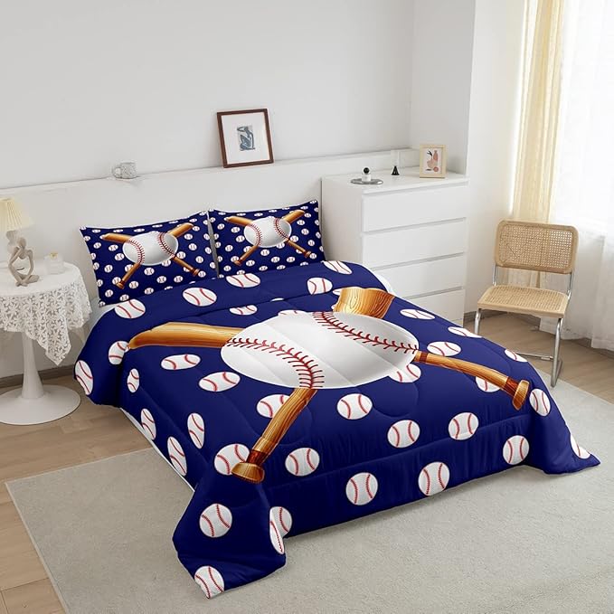 Feelyou Baseball Comforter Set Sports Bedding Set Ball Comforter for Kids Boys Girls Baseball Games Blue Duvet Set Room Decor Quilt Baseball Bat Print Twin Size Boys