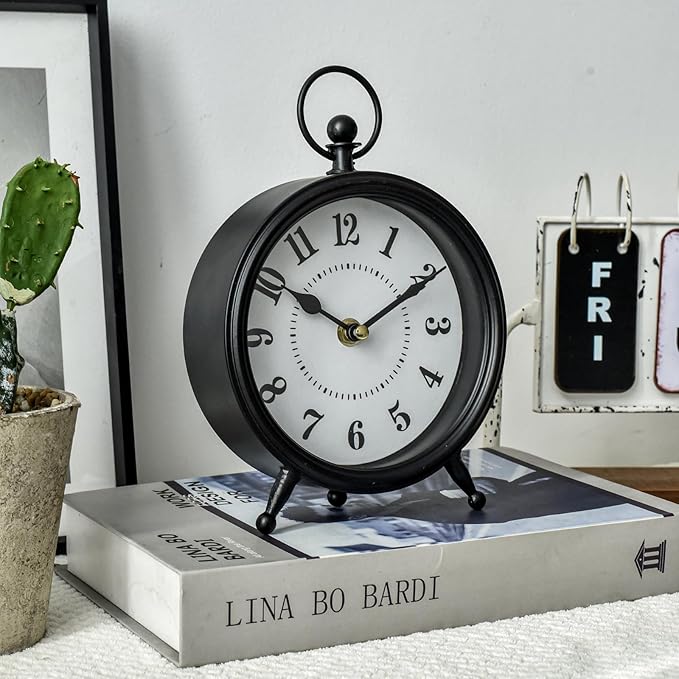 Vintage Non-Ticking Black Table Clock with Stand, Decorative Clock for Desk and Shelf, Rustic Farmhouse Style Mantel Timepiece