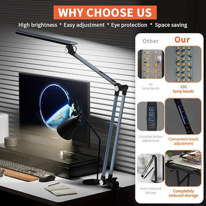 LED Desk Lamps,10 Color Modes 2700k-7000k Lighting and Stepless Dimming Modern Table Lamp for Monitor Studio Reading,Architect Clamp for Home Office Iron-Grey 15W…