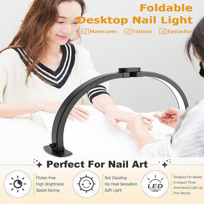 Foldable LED Half Moon Lamp for Nail,38W/3000-6000k Desk Lamp,Lash Lamp for Lash Extension with Storage Bag& Phone Bracket,Led Light for Nails Tech, Stepless Dimming(4700LM&White)